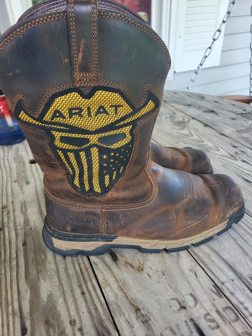 Ariat Brown Leather Work Boots with Yellow Embroidered Patch